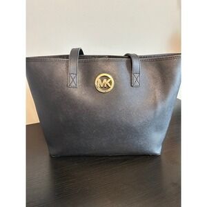 Michael Kors Tote Bag Black Leather Gold MK Logo Medium